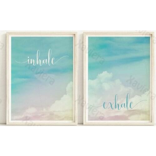 Nordic Painting Sky Cloud Inhale Exhale quote Poster Print Modern Home Decor Art Fresh Breathe Canvas Painting Living Room Mural
