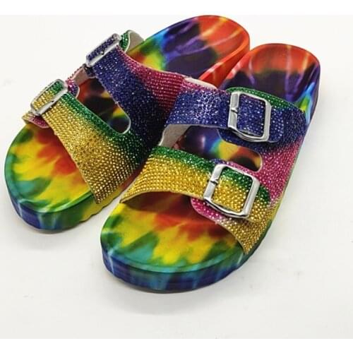 2021 New Ladies Slippers Rainbow Printed Beach Slides Double Buckle Diamond Casual Summer Womens Shoes Wholesale Flip Flops