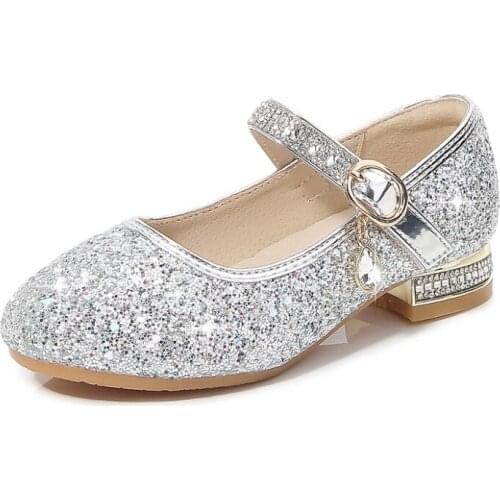 Girls Leather Shoes Princess Shoes Children Shoes round-Toe Soft-Sole Big girls High Heel Princess Crystal Shoes Single Shoes