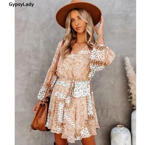 GypsyLady Vintage Floral Mini Dress Floral Print Khaki Casual Spring Women Dress Long Sleeve Boho Holiday Ladies Female Dresses