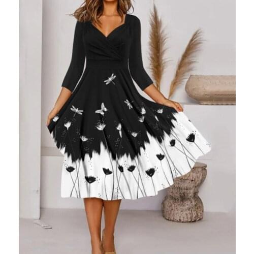 Vintage Floral Printed Autumn Women Long Dress Fashion Sexy V-Neck Slim Party Dress Spring Lady Casual Long Sleeve A-Line Dress