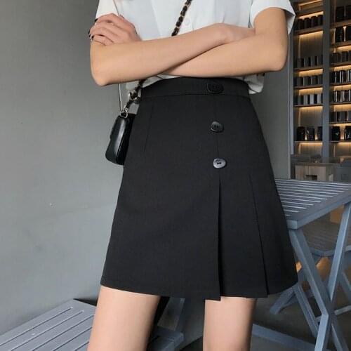 Button Front Black Skirts Womens Summer High Waist A-line Short Skirt Korean Office Ladies Elegant Mini Skirt