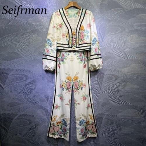 Seifrmann Summer Women Fashion Fashion Runway Pants Set Lantern Sleeve Short Tops+High Waist Floral Print Pants Two Pieces Suit