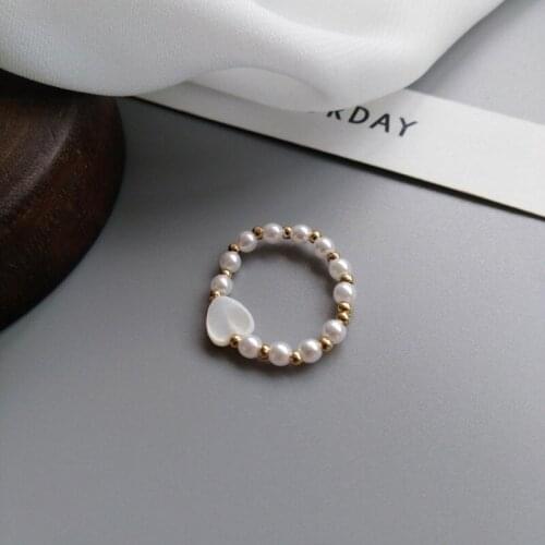 VSnow Stylish Shell Love Heart Simulation Pearl Ring for Women Girls Elasticity Gold Metal Round Bead Index Finger Ring Jewelry