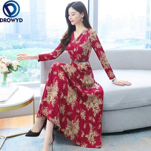 2021 Autumn Winter Retro V Collar Flower Print Dress for Women Long Sleeve Collect Waist Long Dresses with Belt Party Vestidos