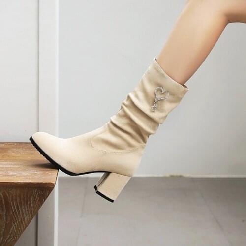 Winter 2020 fashion womens mid boot side zipper frosted round head high heel metal decorative thick heel 32-48