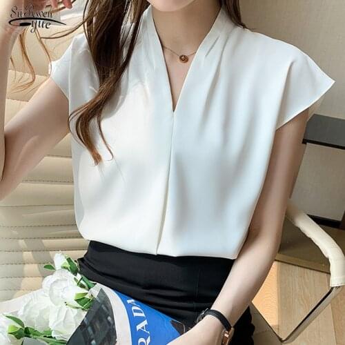 2021 Summer V-neck Chiffon Blouse Women Tops Casual Vintage Short Sleeve Women Shirt Solid Color Plus Size Female Clothing 13805