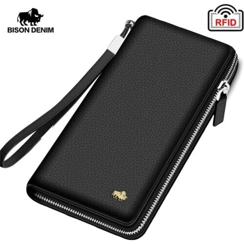 Bison Denim Black Business Genuine Leather Wallet RFID Clutch Bag Wallet Card Holder Coin Purse Zipper Male Long Wallets