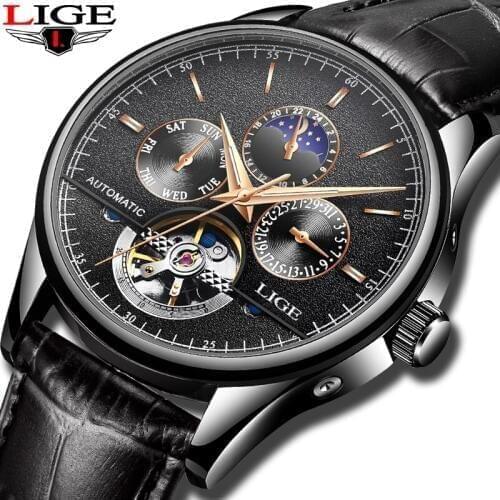 2020 LIGE Tourbillon Mechanical Watch Men Automatic Classic mens watches Rose Gold Leather Waterproof Wrist Watches Reloj Hombre