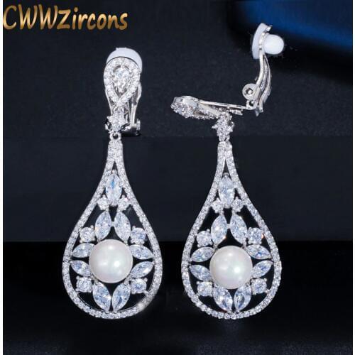 CWWZircons No Ear Hole Design Cubic Zirconia Flower Clip Long Pearl Non Pierced Earrings for Women Wedding Party Jewelry CZ587