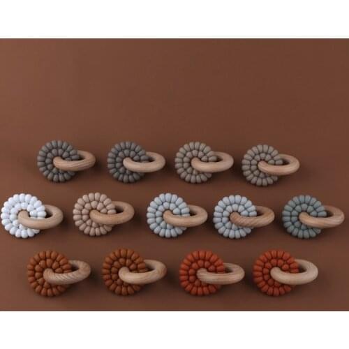 Baby Silicone & Natural Wooden Teether Ring Infant Bangle Teether Toys Develop Sensory Skills Montessori Toy