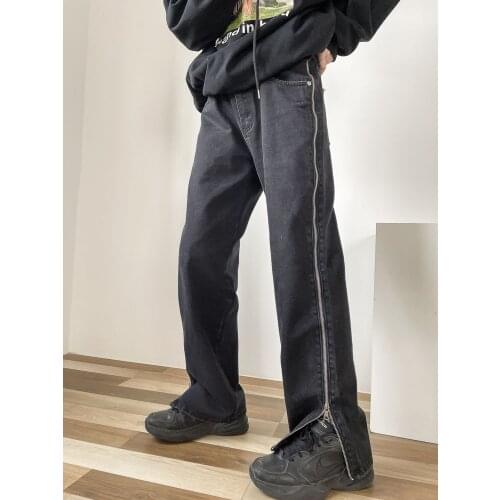 Dark abstinence department design niche zipper jeans mens and womens fried street straight tube high waist