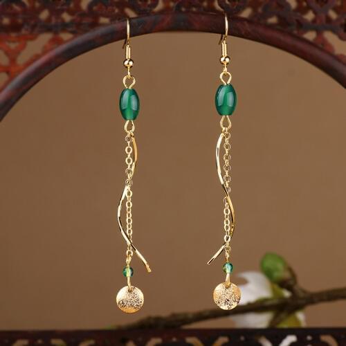 BOEYCJR Ethnic Vintage Copper Flower Green Stone Bead Dangle Earrings Fashion Jewelry Braided rope Drop Earrings For Women