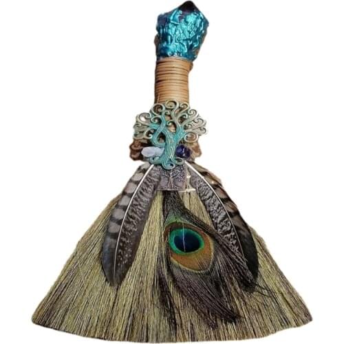 Crystal Amethyst Witch Broom with Feather Decoration Wizard Broomstick Halloween Cosplay Costume Accessory