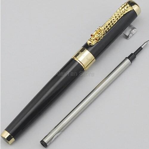 Jinhao 1200 Ancient Rollerball Pen Beautiful Ripple with Dragon Clip, Black Metal Carving Ink Pens Supplies Writing Gadget