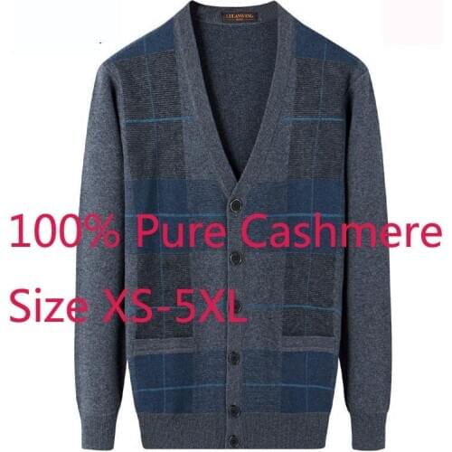 New Cardigan 100% Pure Cashmere Autumn Winter Casual Computer Knitted V-neck Plaid High Quality Plus Size XS S MLXL2XL3XL4XL 5XL