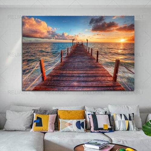 Modern Nordic Seaside Sunrise Beach Bridge Picture Canvas Painting Seascape Posters Prints Modern Wall Art Picture Decor Home