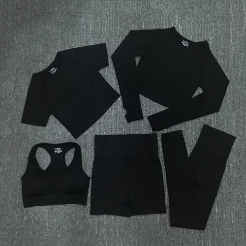 5PCS Seamless Women Sports Set Workout Sportswear Gym Clothing Fitness Long Sleeve Crop Top High Waist Leggings Sports Suits