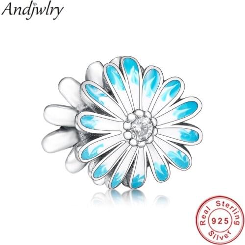 Fit Pandora Charms Bracelet Silver 925 Original Charms Blue Daisy Flower Charm Beads for Making DIY Jewelry Berloque
