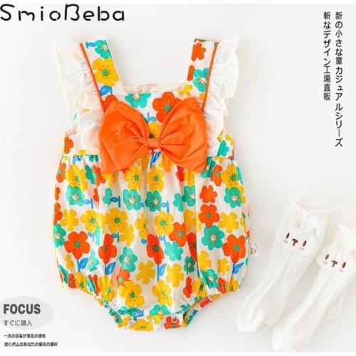 Summer Korean Newborn Baby Seaside Holiday Rompers Big Flower Bow Sleeveless Bag Fart Clothes Orange And Green Flower Jumpsuits