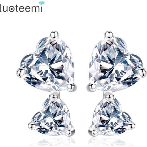 LUOTEEMI New Simple Design Two Heart Shape Zirconias Stud Earrings Cute Love Friend Birthday Gift for Girl Party Jewelry