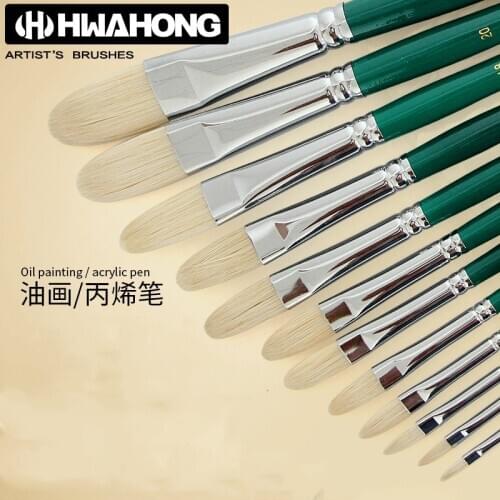 12pcs HUAHONG808 Bristle oil brush oval watercolor pen,Pointed gouache brush,semi-circular flat head acrylic brush art supplies