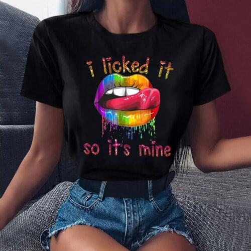 Mayos ropa informal de moda para mujer camiseta negra con estampado de Lipes arcoíris Harajuku camisetas informales para mujer