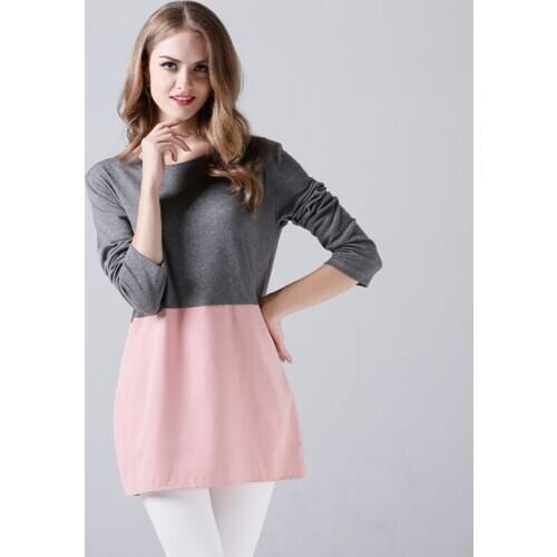 Fashion Casual Plus Size With Round Neck And Long Sleeves Women Tess Pink Stretch Casual Woman Tops
