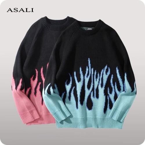 Men Sweater Streetwear Flame Pattern Hip Hop Pullovers Autumn Winter O-Neck Oversize Sweaters Men Women Couple Casual Sweater