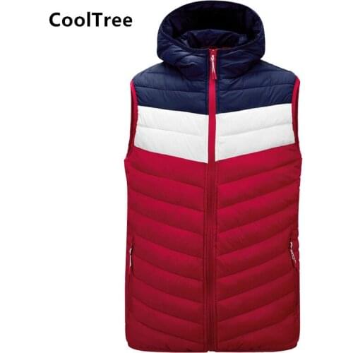 CoolTree Men Vest Autumn Winter Down cotton Lightweight soft Warm Hooded Waistcoat Male Stitching color Sleeveless Jackets Tops