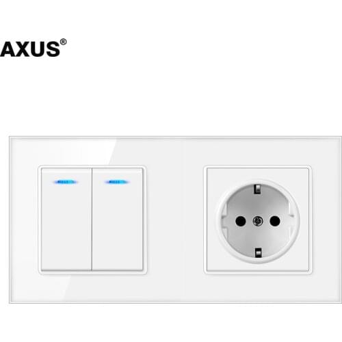 AXUS Wall Light push Button Switch with EU Power Wall Sockets Outlet 1/2/3Gang 1/2Way White Crystal Glass Panel sensory Switch