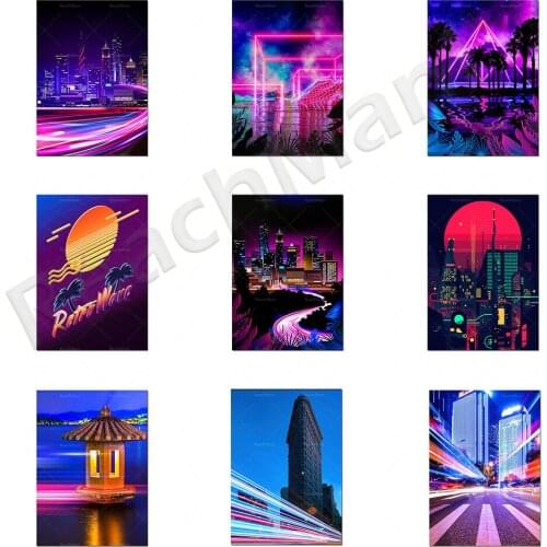 Neon city landscape, palm tree landscape: pyramids, arches, Dubai, Burj Khalifa print pictures neon rock wall art modular palm t