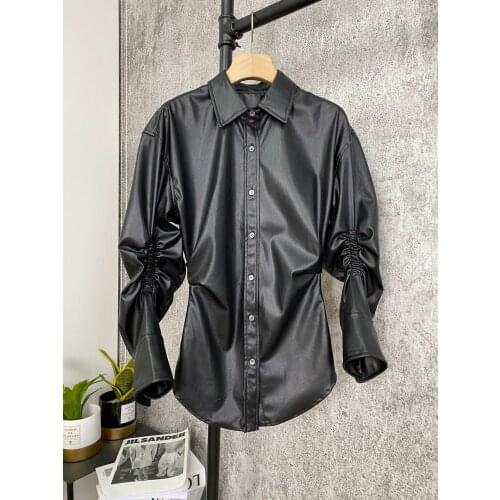 New ladies fashion 2021 long sleeve sexy casual pleated leather shirt 1117