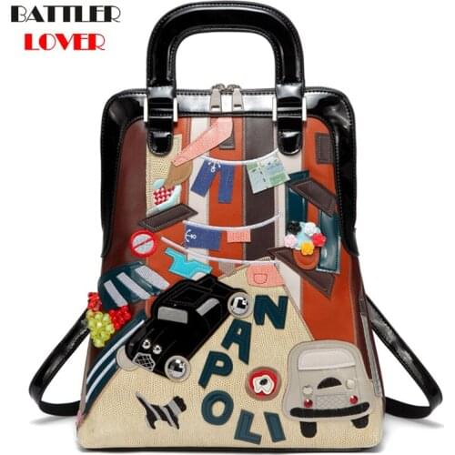 New Appliques Designer Backpacks For Women 2021 New Trendy Cartoon Printing Totes Female High Quality Leather Crossbody Bagpack