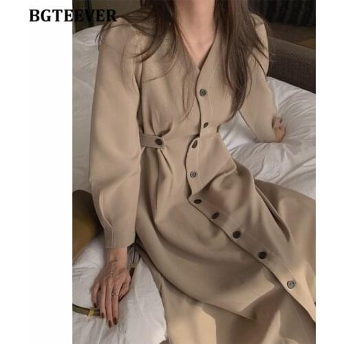 BGTEEVER Elegant V-neck Single-breasted Female Dress Spring Summer Solid Vestidos Full Sleeve Slim Waist Women Midi Dress 2021