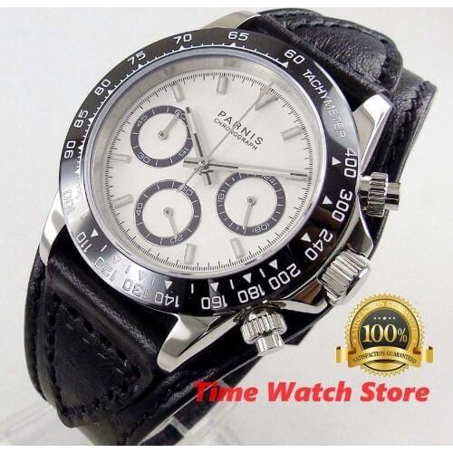 Luxury 39mm Parnis wrist watch men Quartz waterproof leather bracelet Full Chronograph white black black dial bezel luminous