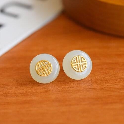 S925 Sterling Silver Simple Small Square Fu Stud Earrings for Women All-Matching Graceful Exquisite Hetian Jade Ear Studs Anti-A