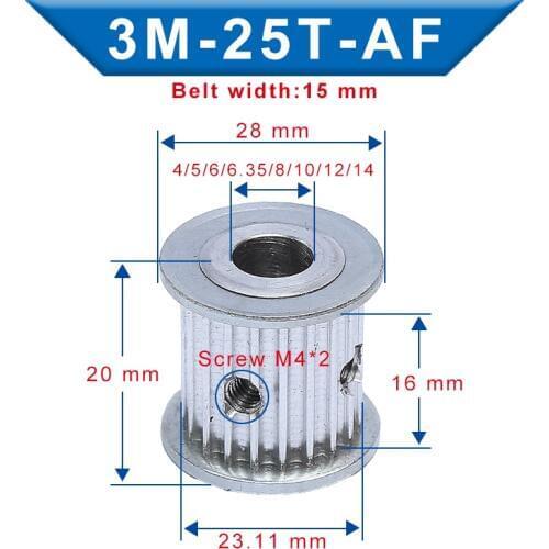 Timing Pulley 3M25T Bore 4/5/6/6.35/8/10/12/14 mm Aluminum Belt Pulley Slot Width 16 mm Fit For 3M-synchronous belt Width 15mm