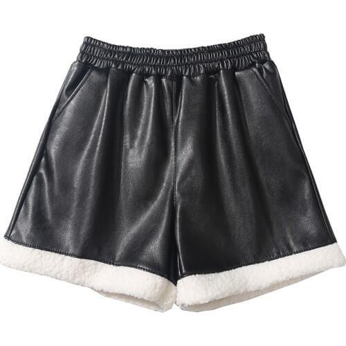 NORMOV 2019 Women Autumn And Winter PU Leather Shorts Warm Lambswool High Waist Loose Shorts Solid Casual Pockets Short 5 Color