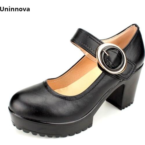 Shoes Genuine Leather Platform Round Toe Mary Jane Business Shallow upper Buckle Court Shoes Black Buckle Anti-slip WP148