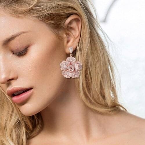 Zlxgirl jewelry New Arrival womens wedding earrings jewelry high zirconia rose flower earrings bijoux Three plated color ears