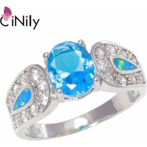 CiNily Created Blue Fire Opal Blue Zircon Cubic Zirconia Silver Plated Wholesale for Women Jewelry Ring Size 6 8 10 OJ9394