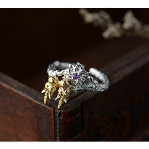 FNJ 925 Silver Double Birds Ring Original S925 Sterling Silver Rings for Women Jewelry Open Adjustable Size Purple Zircon FLower