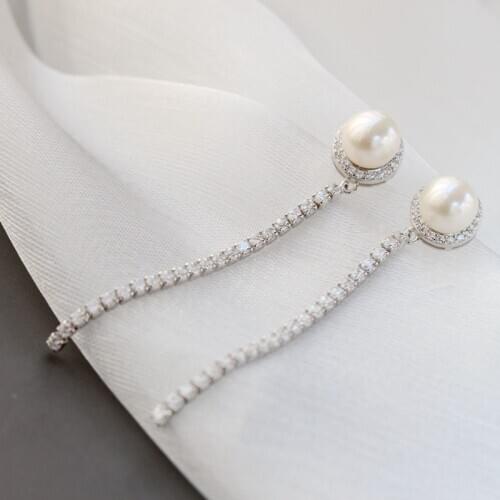 Authentic 925 Sterling Silver Inlaid Rhinestone Trendy Style Natural Freshwater Pearl Long Earrings Wedding Party Fine Jewelry