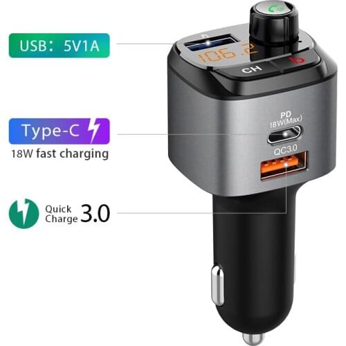 Bluetooth-compatible 5.0 Car Kit Wireless Dual USB Fast Charging QC3.0 PD 18W Car Charger Hand Free FM Transmitter