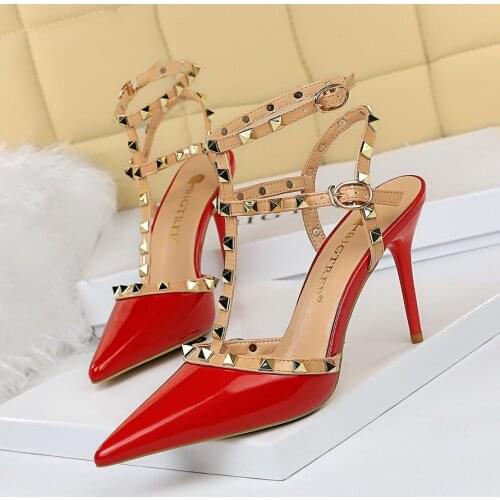 BIGTREE Many Colors Luxury Womens Sandal High Heel Rivets Shoes 9cm Woman Shoes Thin Heels Pointed Toe Sexy Red Wedding Shoes