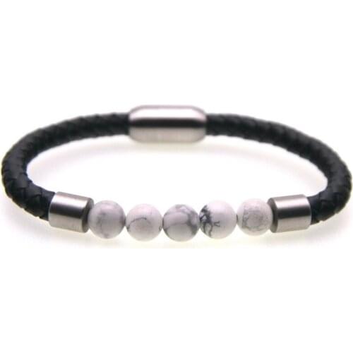 Stainless Steel Bracelet + Genuine Leather + 8MM Natural Stone Beads Men Women Gentleman Femme Magnet Handmade Charm Bracelet