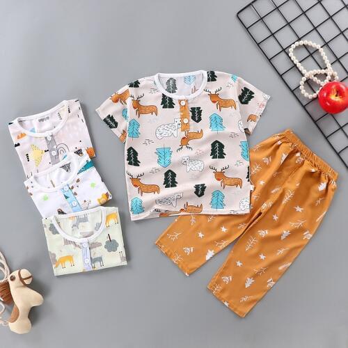 Childrens Pajamas Summer Thin Cotton Home Short-Sleeved T-shirt Suit Baby Air-conditioned Clothing WT115
