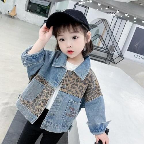 Girls Denim Jacket Leopard Print Kids Fashion Child Kids Outwear Solid Jean Coat Little Girls Clothes Tops Baby Outwear 2-8Years
