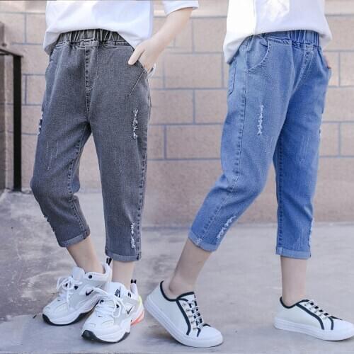 Summer Girls Jeans Fashion Broken Hole 2020 New Kids Jeans for Toddler Girl Elastic Waist Cropped Children Pants Teens Trousers